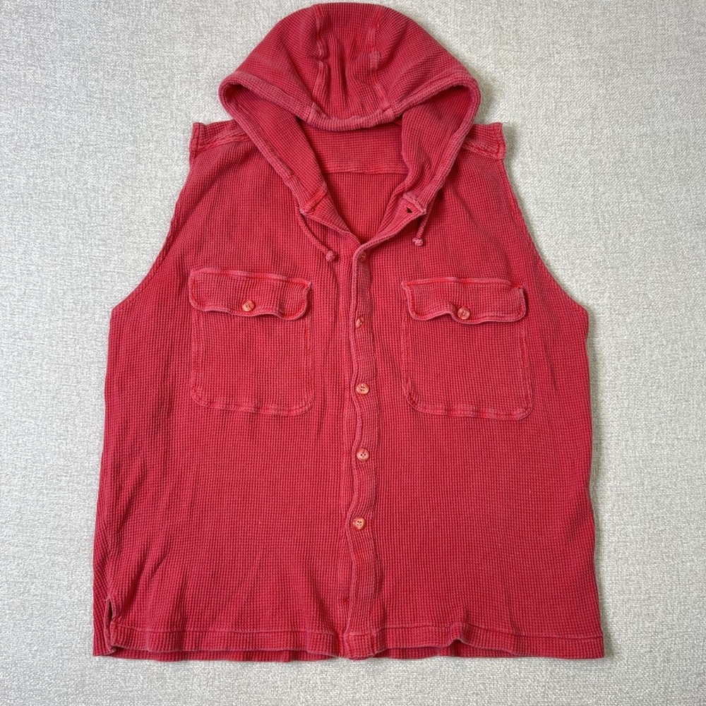Vintage 100% Cotton Boho Red Waffle Knit Hooded Button Vest Pocket Tank Top M